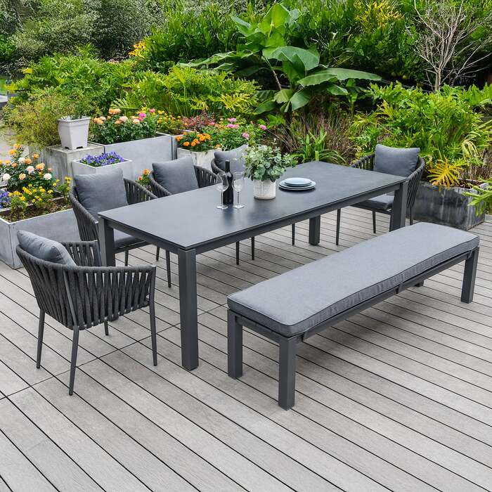 Bracken Outdoors Maldives Rope Aluminium 8 Seat Rectangular Garden Dining Bench and Chair Set, Early March 2026