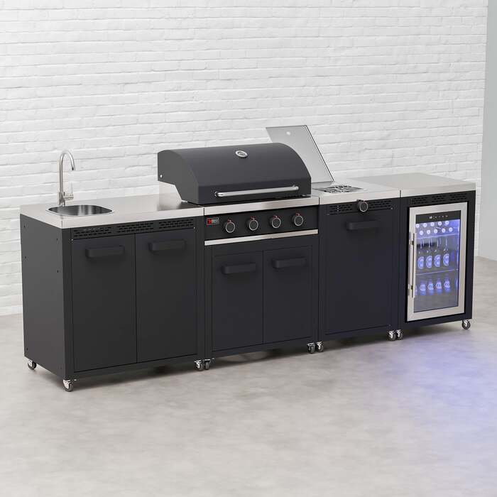 Draco Grills Titan 4 Burner Black Outdoor Kitchen Gas Barbecue with Side Burner, Fridge and Sink, Mid March 2026