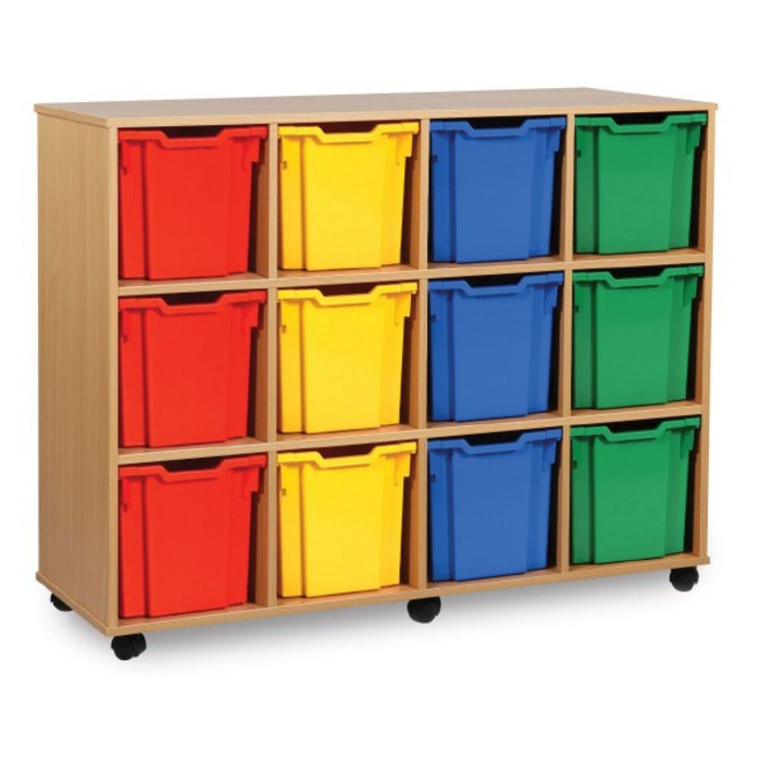 12 Jumbo Tray Storage Unit Maple Finish All Yellow Trays