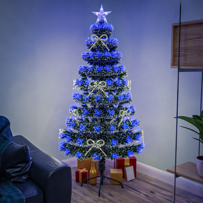 White Tipped Green Fibre Optic Christmas Tree 2ft to 7ft with Blue LED Lights and White Bows, 5ft / 1. 5m