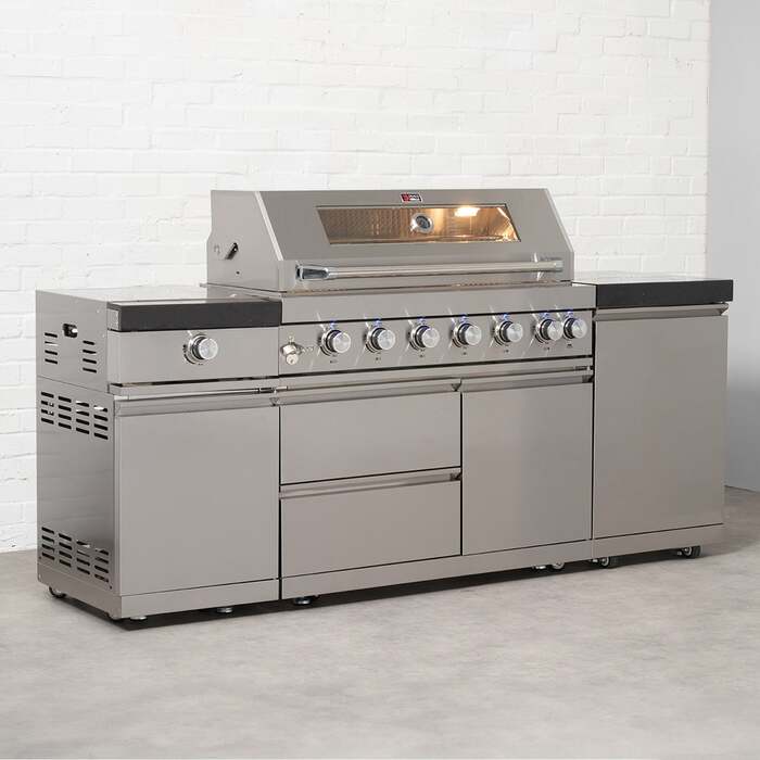 Draco Grills Deluxe 6 Burner BBQ Modular Outdoor Kitchen with Sear Station and Gas Bottle Cabinet, With Granite Side Panels