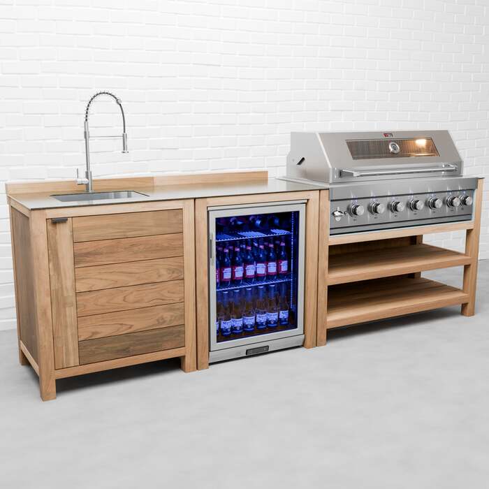 Draco Grills Teak 6 Burner Outdoor Kitchen with Modular Sink and Single Fridge, Early March 2026