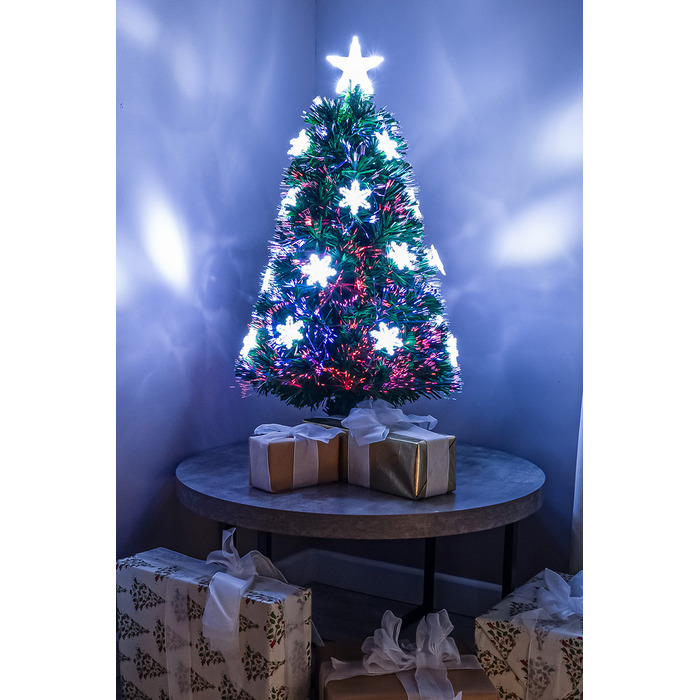 Green Fibre Optic Christmas Tree 2ft - 7ft with Multi Coloured Fibre Optics, White LED Lights and Snowflakes, 2FT