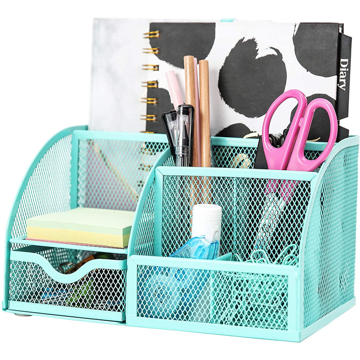 EXERZ Desk Organiser with 7 Compartments -Mesh Desk Tidy Caddy - Turquoise