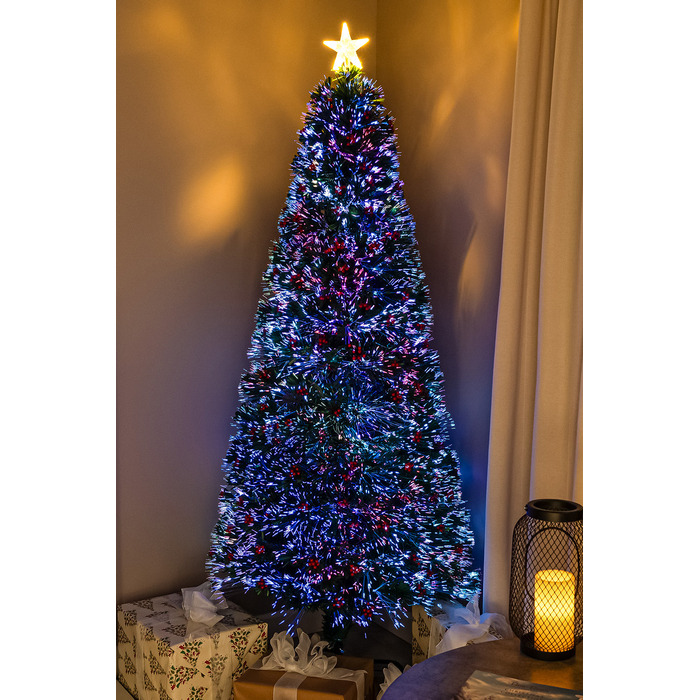 Green Fibre Optic Christmas Tree 2ft - 7ft with Multi Coloured Fibre Optic Lights and Red Berries, 5FT