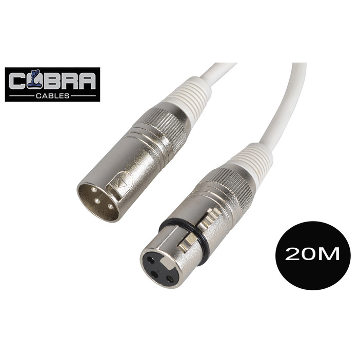 3PIN XLR TO XLR DMX Cable White - Silver Connectors 20M