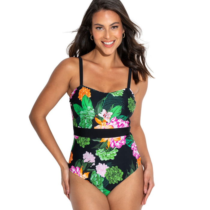 Pour Moi Palermo Panelled Tummy Control Swimsuit - Black/Green/Pink - M - 12