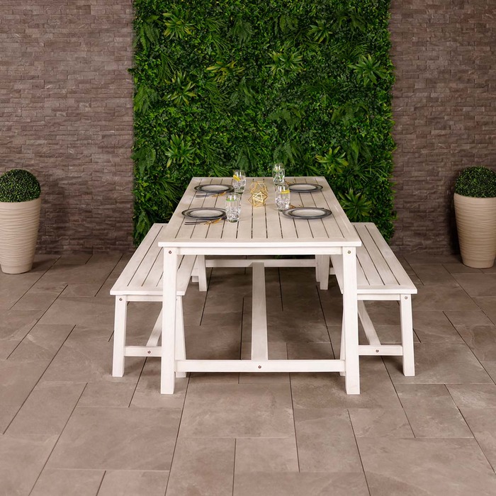 FSC® 100% Certified Acacia White Washed Wooden Bench Dining Set - 4-6 Seater