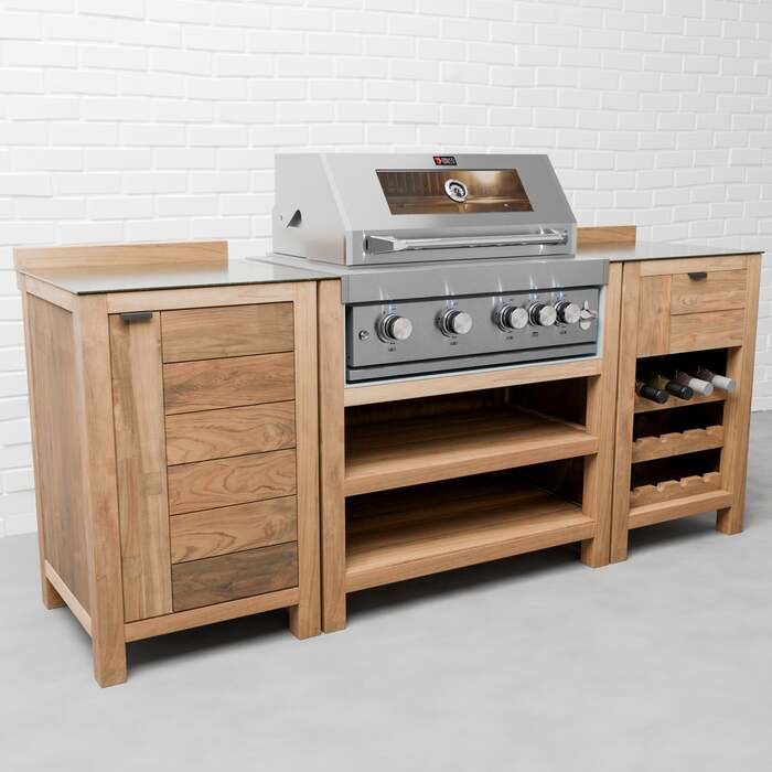 Draco Grills Teak 4 Burner Outdoor Kitchen with Modular Single Cupboard and Wine Cabinet, End of January 2026 / With Side Panels