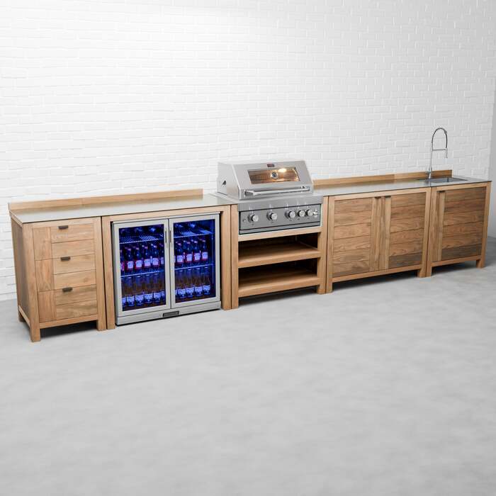 Draco Grills Teak 4 Burner Outdoor Kitchen with Modular Triple Drawer Unit, Double Cupboard, Sink, Double Fridge, Mid February 2026 / With Side Panels
